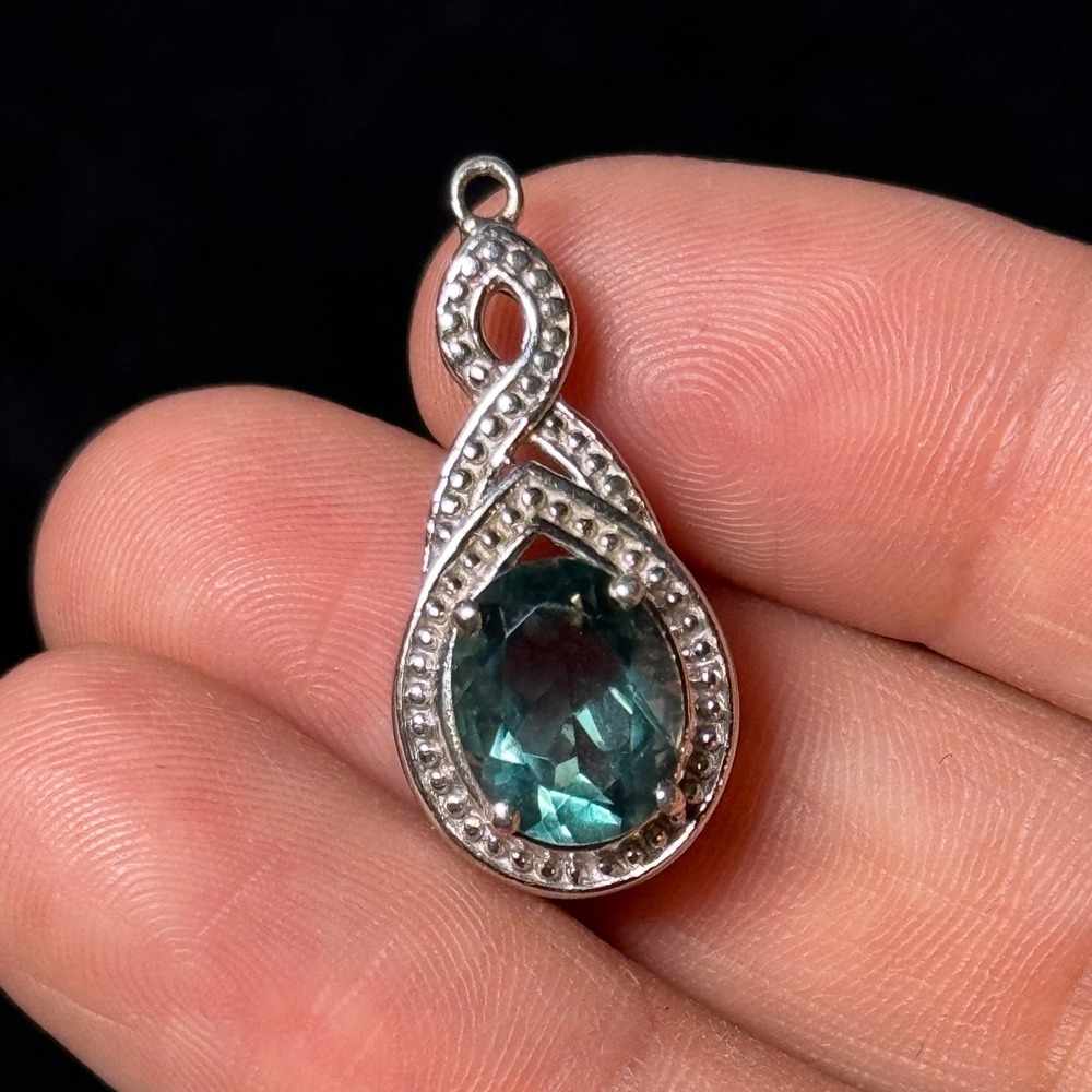 Sterling Silver Blue Green Gemstone Teardrop Pendant Filigree Scroll 925 Jewelry